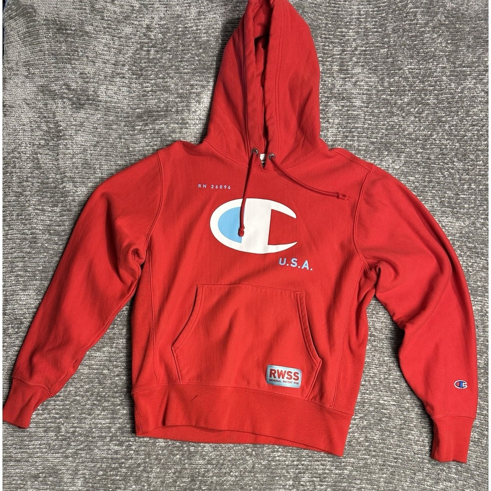 Vintage Champion Reverse Weave Hoodie Mens M Red RWSS MCMXIX Logo Sweatshirt